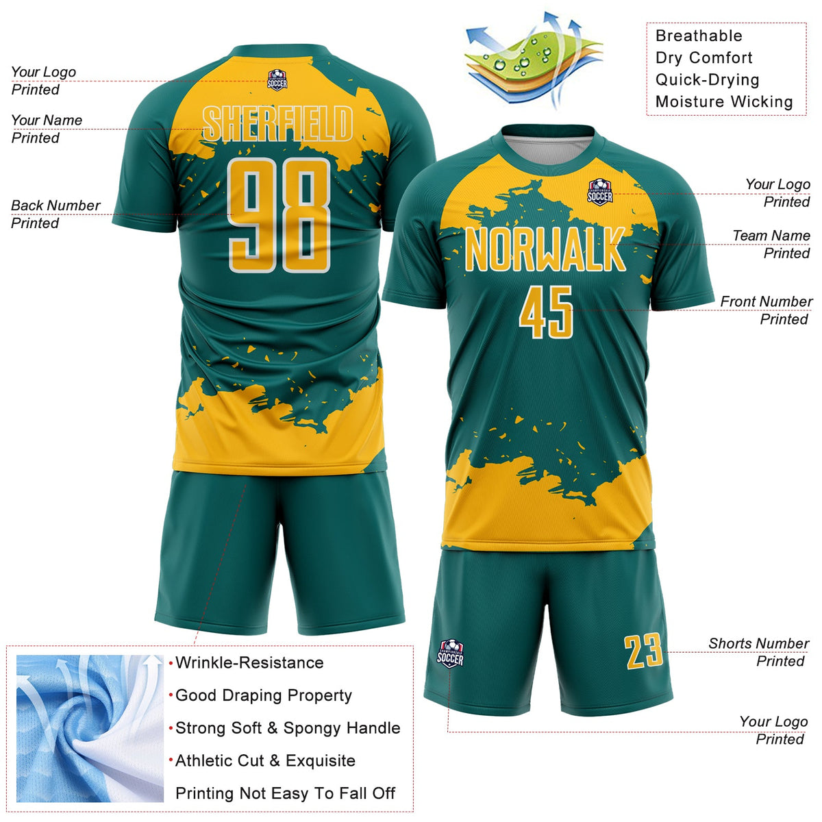 Custom Teal Gold-White Abstract Fragment Art Sublimation Soccer Uniform Jersey Limited