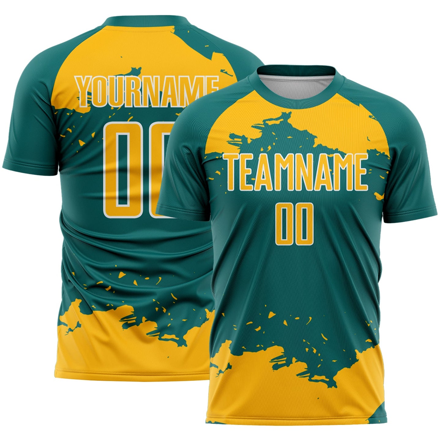 Custom Teal Gold-White Abstract Fragment Art Sublimation Soccer Uniform Jersey