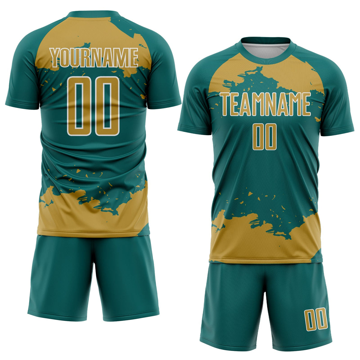Custom Teal Old Gold-White Abstract Fragment Art Sublimation Soccer Uniform Jersey Limited