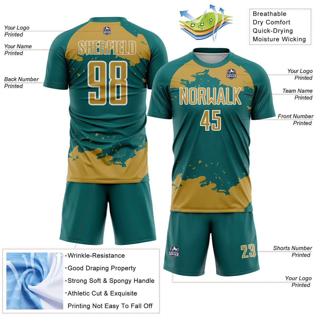 Custom Teal Old Gold-White Abstract Fragment Art Sublimation Soccer Uniform Jersey Limited