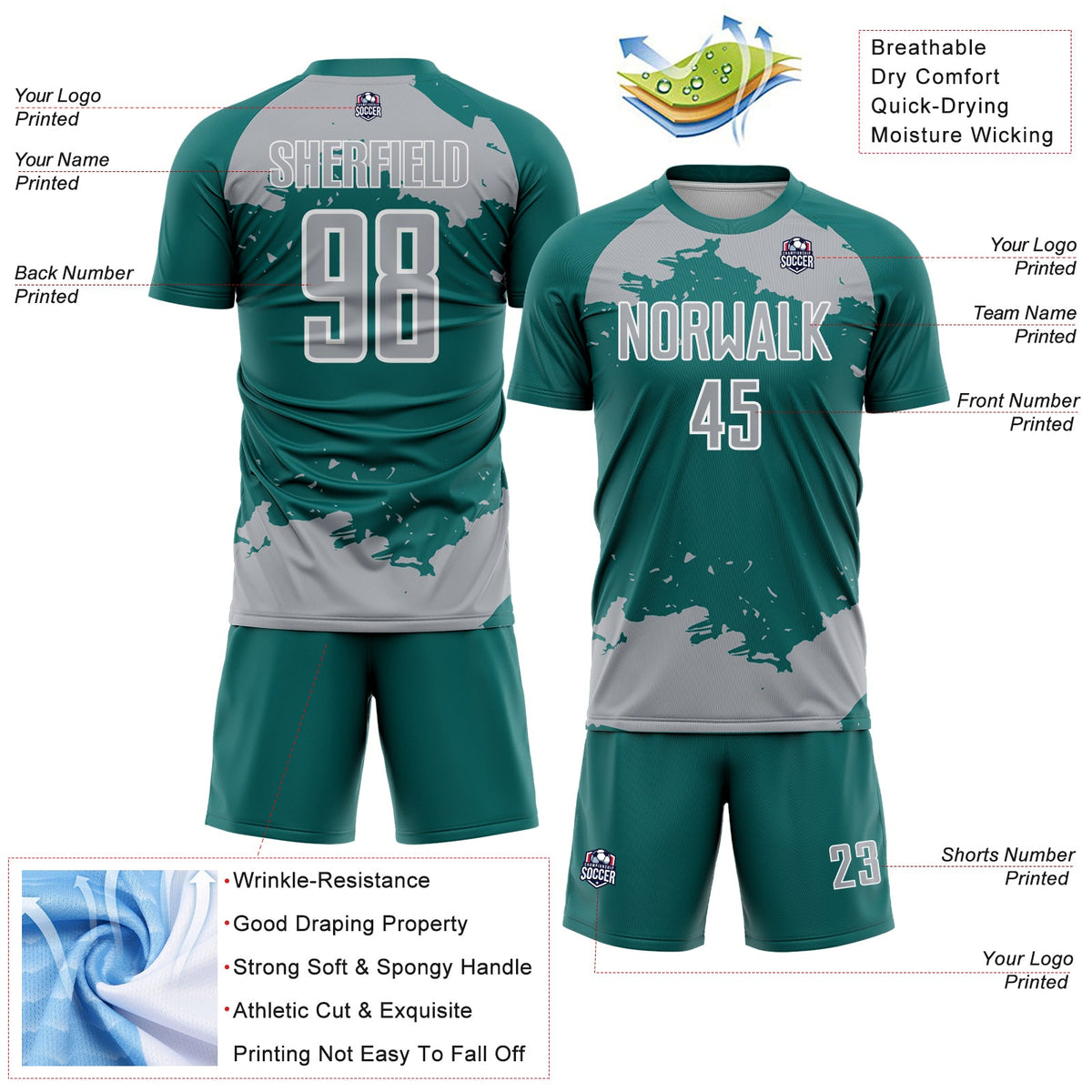 Custom Teal Gray-White Abstract Fragment Art Sublimation Soccer Uniform Jersey Limited