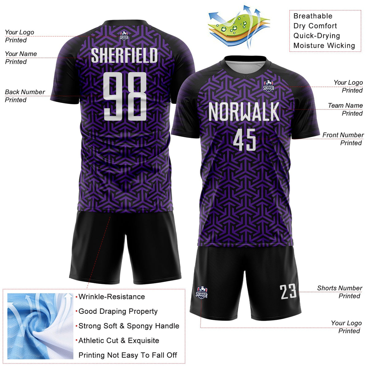 Custom Black White-Purple Geometric Arrow Sublimation Soccer Uniform Jersey Limited