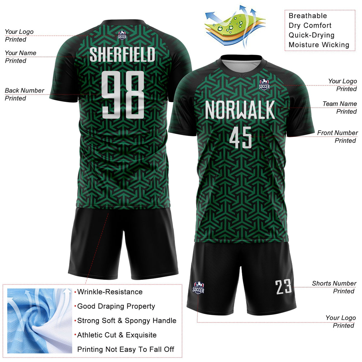 Custom Black White-Kelly Green Geometric Arrow Sublimation Soccer Uniform Jersey Limited