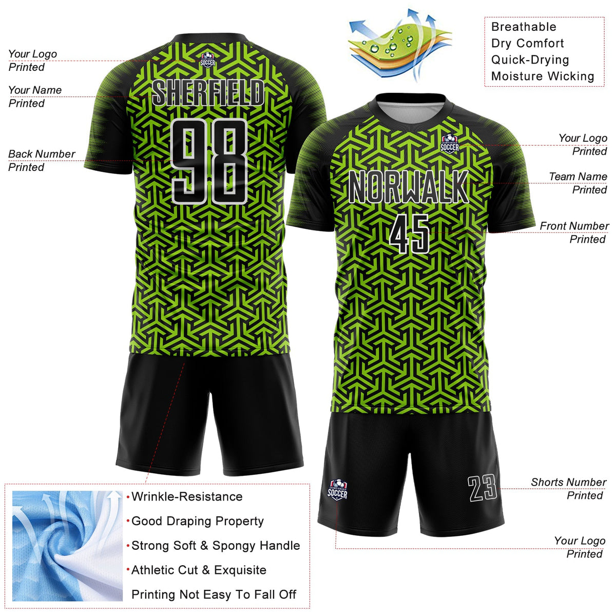 Custom Black Neon Green-White Geometric Arrow Sublimation Soccer Uniform Jersey Limited