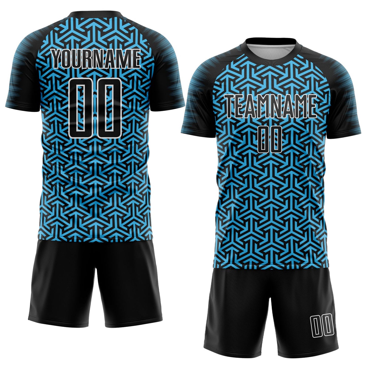 Custom Black Sky Blue-White Geometric Arrow Sublimation Soccer Uniform Jersey Limited