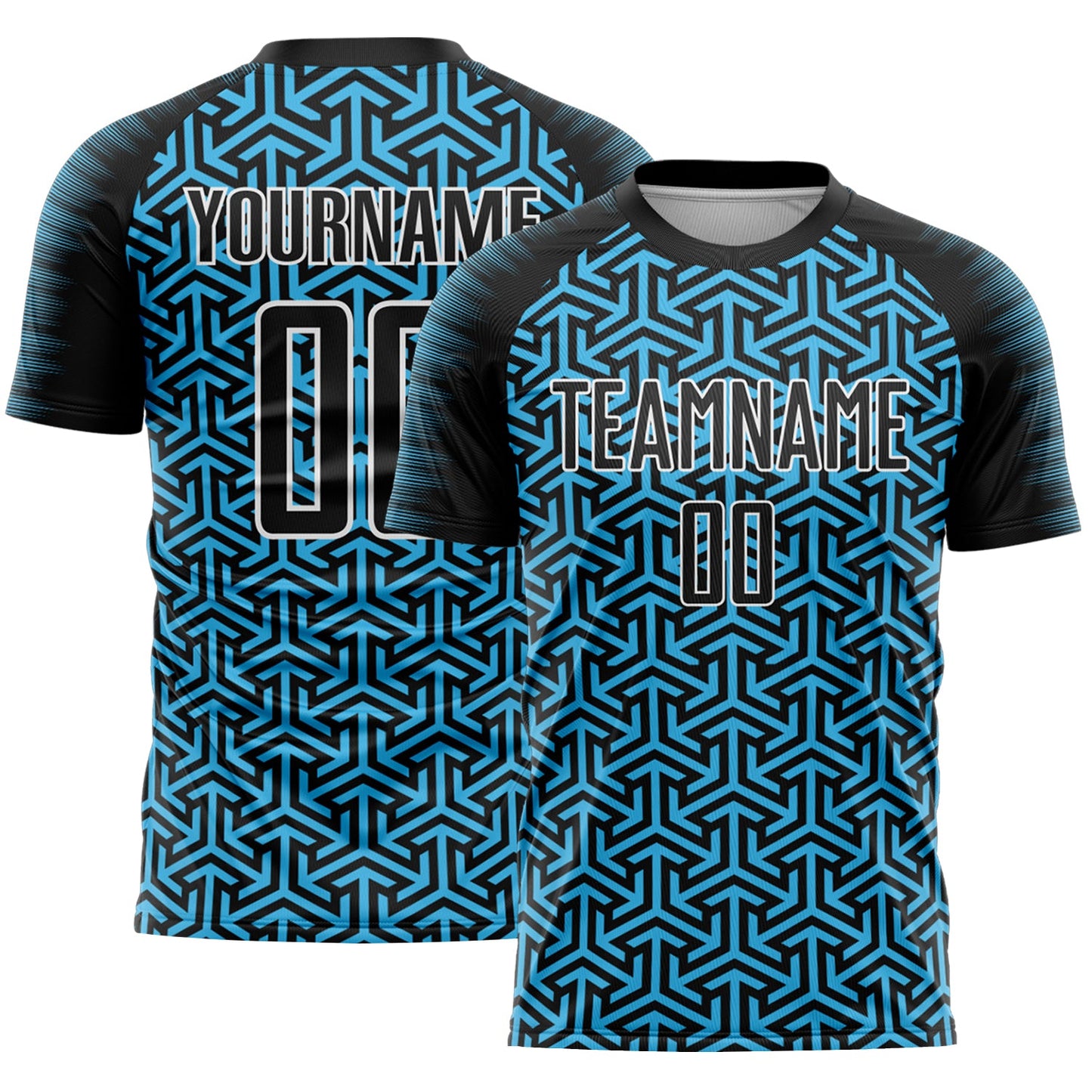 Custom Black Sky Blue-White Geometric Arrow Sublimation Soccer Uniform Jersey