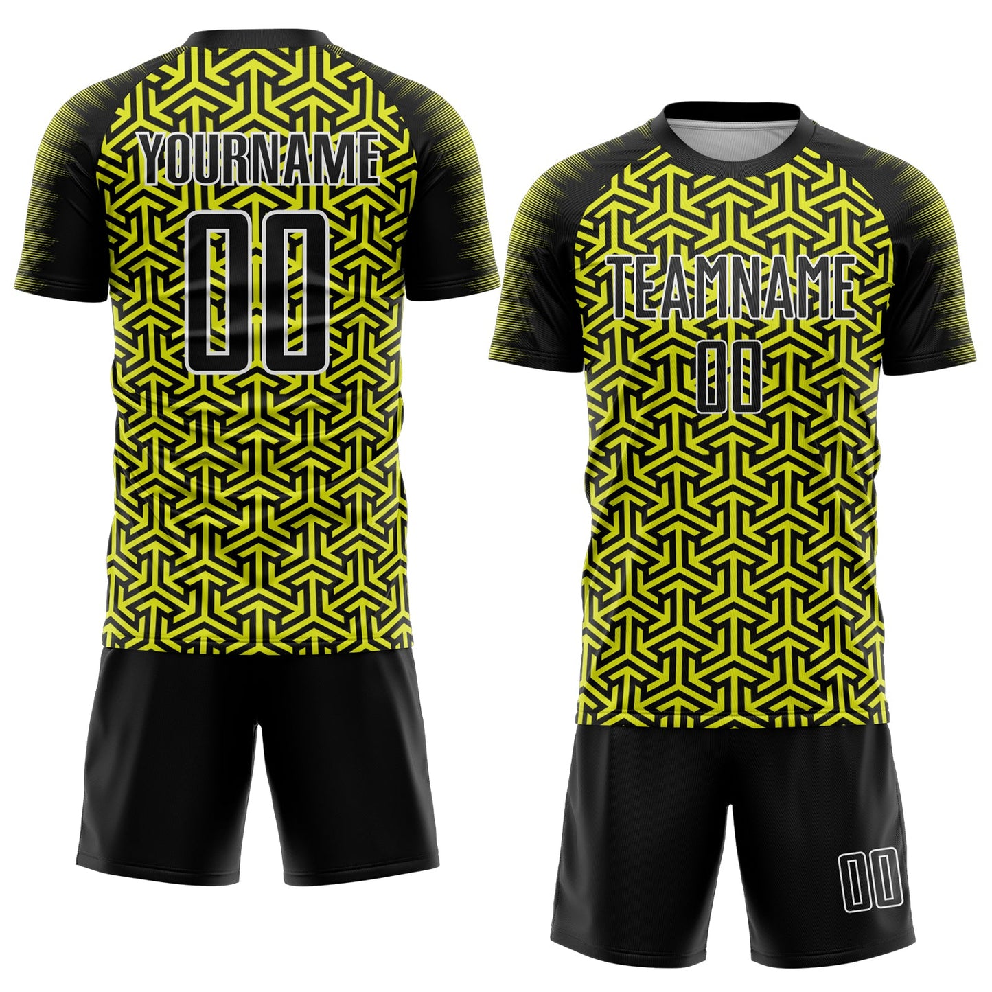 Custom Black Neon Yellow-White Geometric Arrow Sublimation Soccer Uniform Jersey Limited