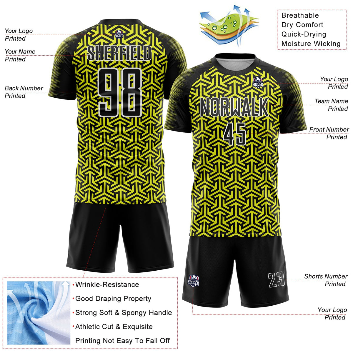 Custom Black Neon Yellow-White Geometric Arrow Sublimation Soccer Uniform Jersey Limited