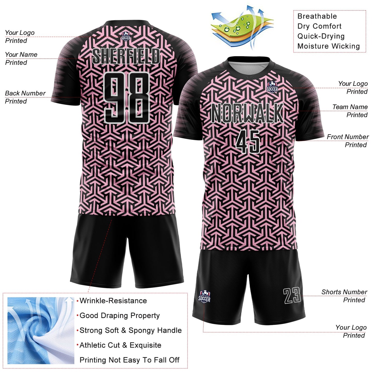 Custom Black Light Pink-White Geometric Arrow Sublimation Soccer Uniform Jersey Limited