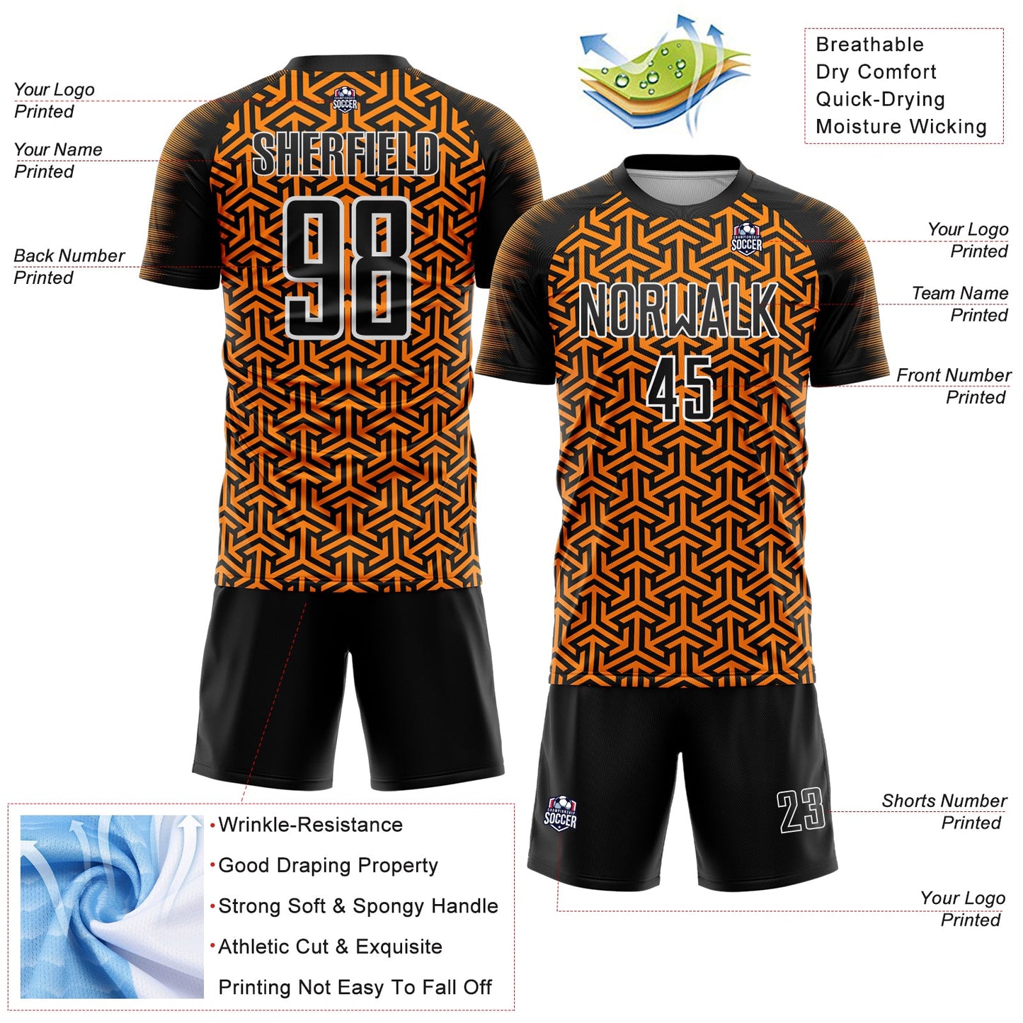 Custom Black Bay Orange-White Geometric Arrow Sublimation Soccer Uniform Jersey Limited