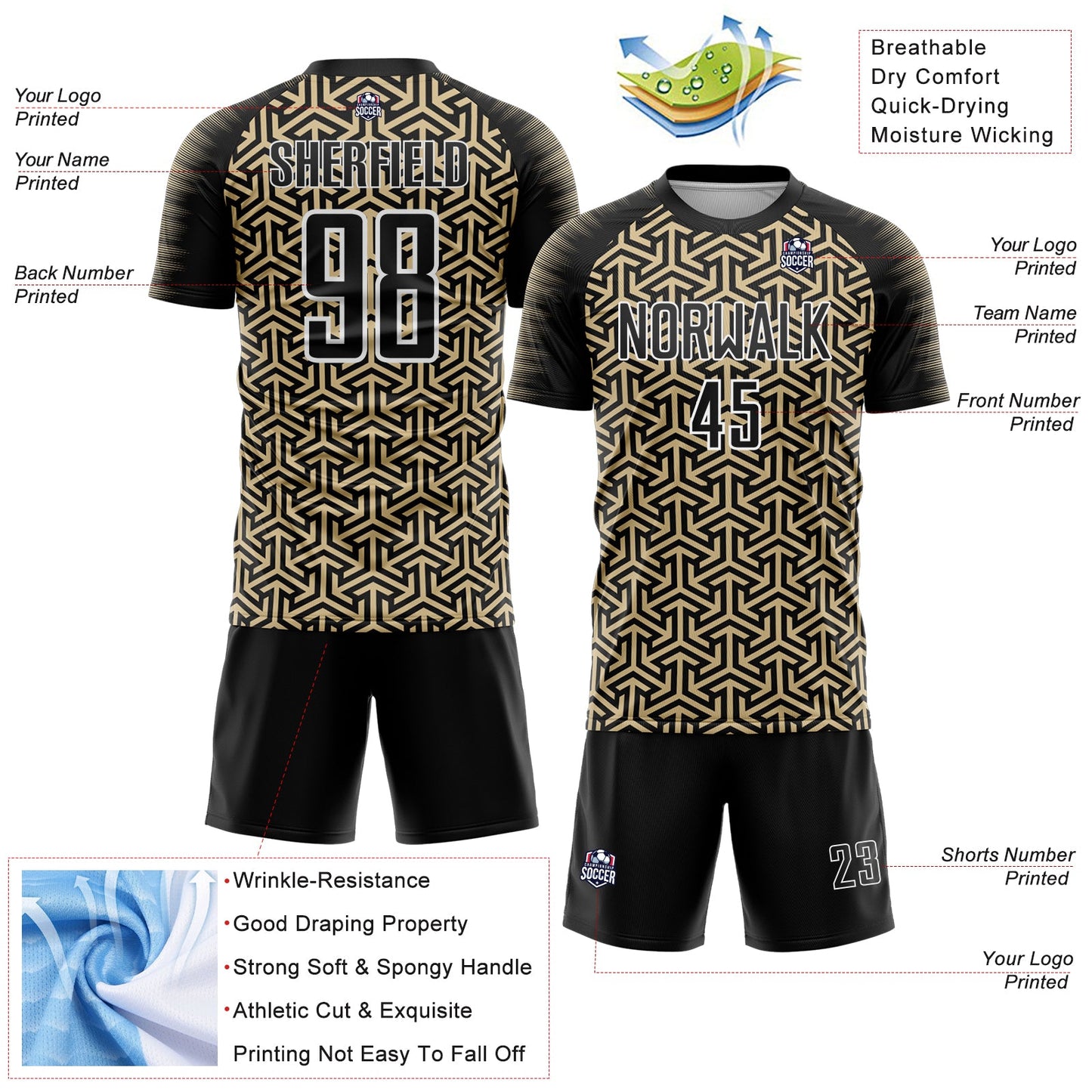 Custom Black Vegas Gold-White Geometric Arrow Sublimation Soccer Uniform Jersey Limited