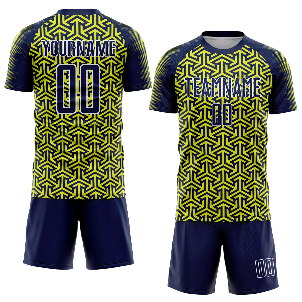 Custom Navy Neon Yellow-White Geometric Arrow Sublimation Soccer Uniform Jersey Limited