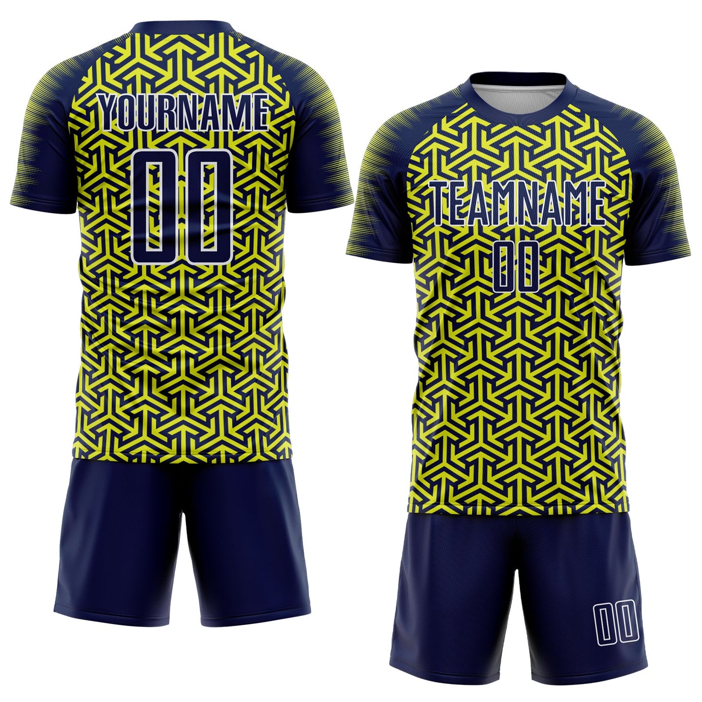 Custom Navy Neon Yellow-White Geometric Arrow Sublimation Soccer Uniform Jersey Limited