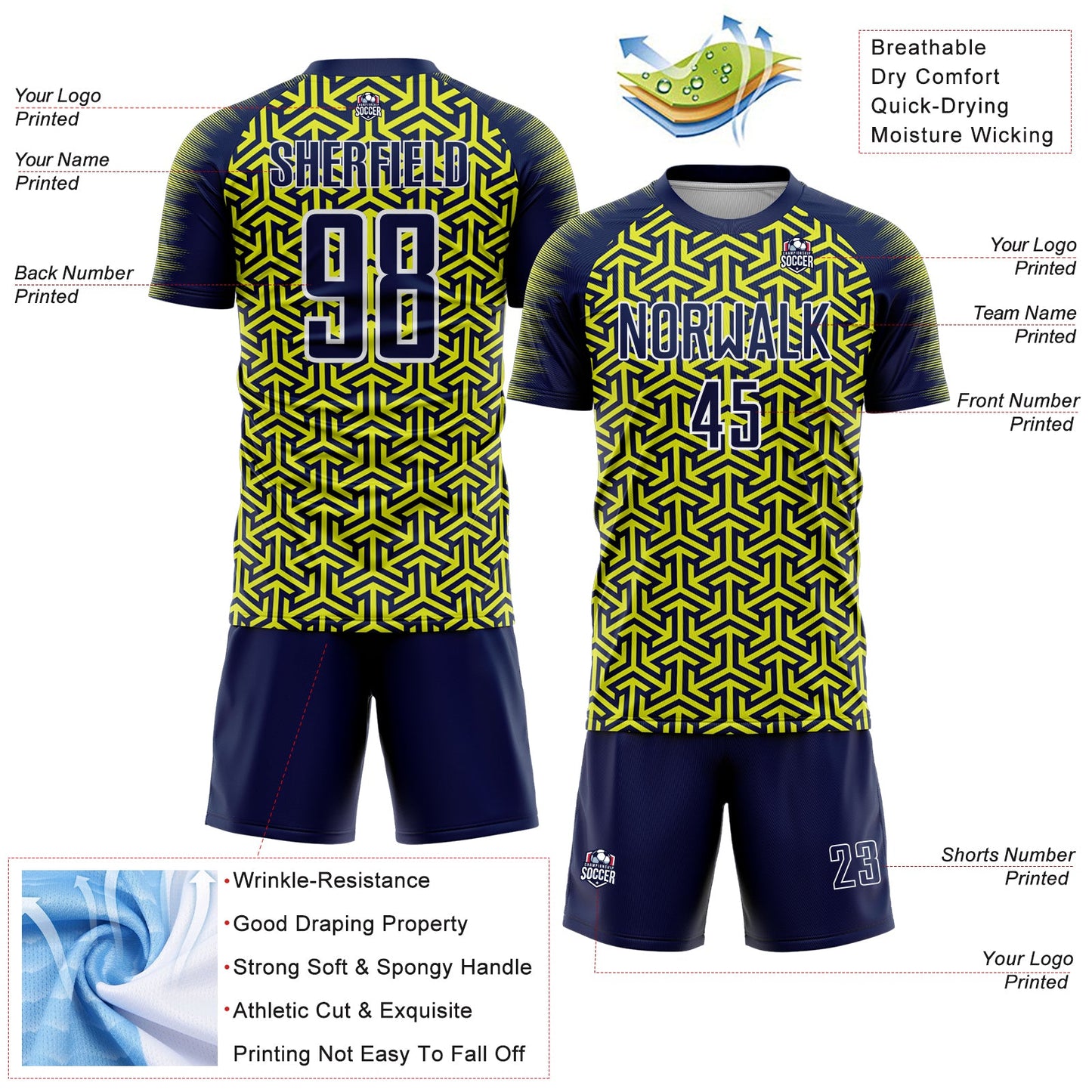 Custom Navy Neon Yellow-White Geometric Arrow Sublimation Soccer Uniform Jersey Limited