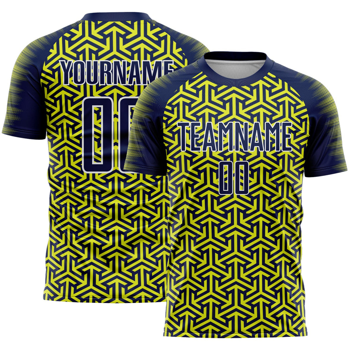 Custom Navy Neon Yellow-White Geometric Arrow Sublimation Soccer Uniform Jersey