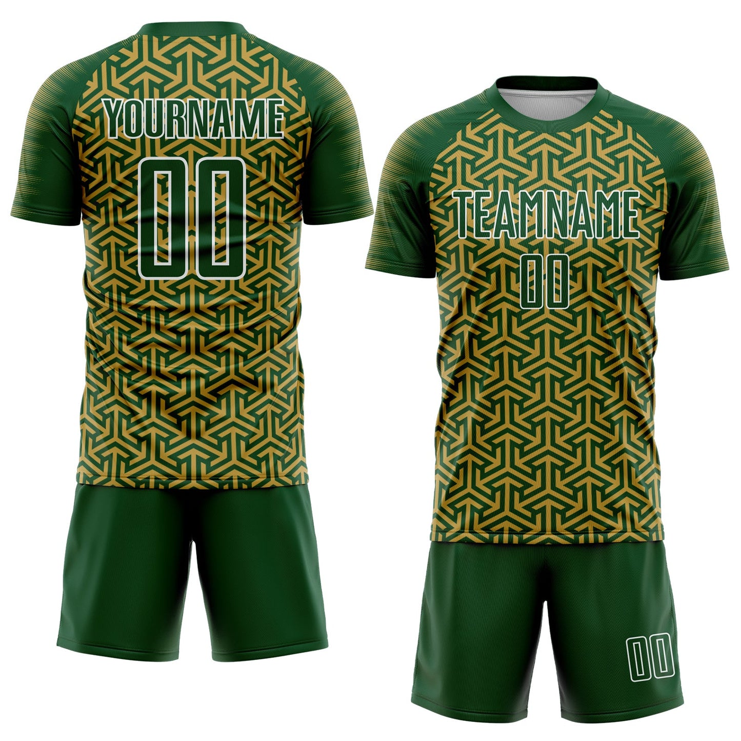 Custom Green Old Gold-White Geometric Arrow Sublimation Soccer Uniform Jersey Limited