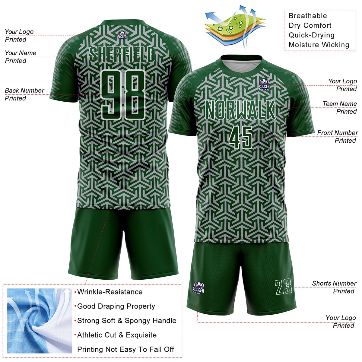 Custom Green Gray-White Geometric Arrow Sublimation Soccer Uniform Jersey Limited