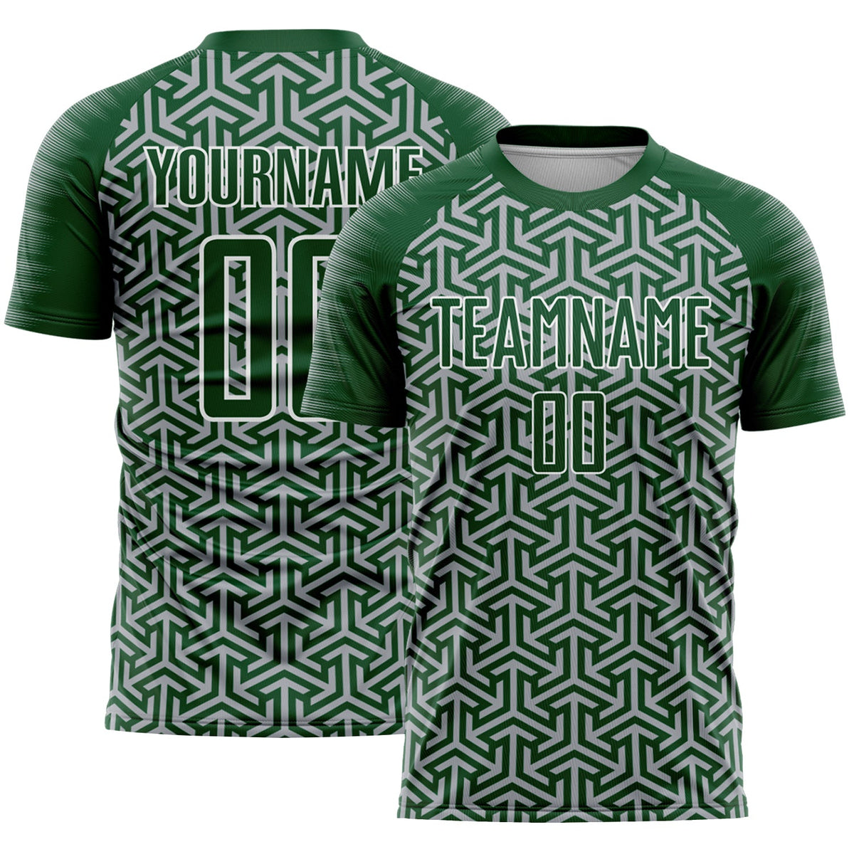 Custom Green Gray-White Geometric Arrow Sublimation Soccer Uniform Jersey