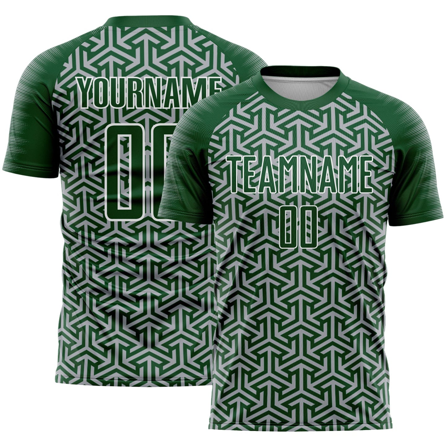 Custom Green Gray-White Geometric Arrow Sublimation Soccer Uniform Jersey