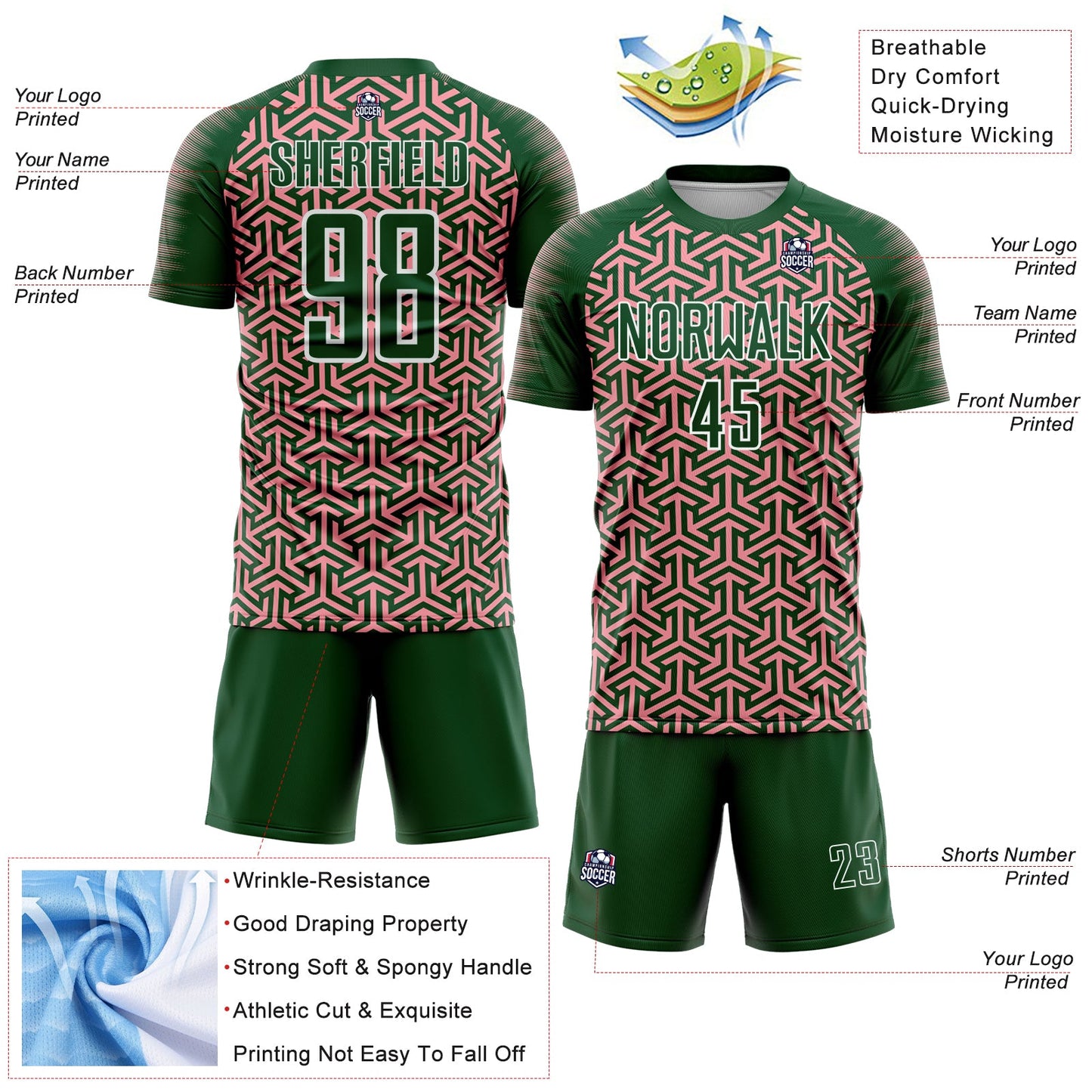 Custom Green Medium Pink-White Geometric Arrow Sublimation Soccer Uniform Jersey Limited