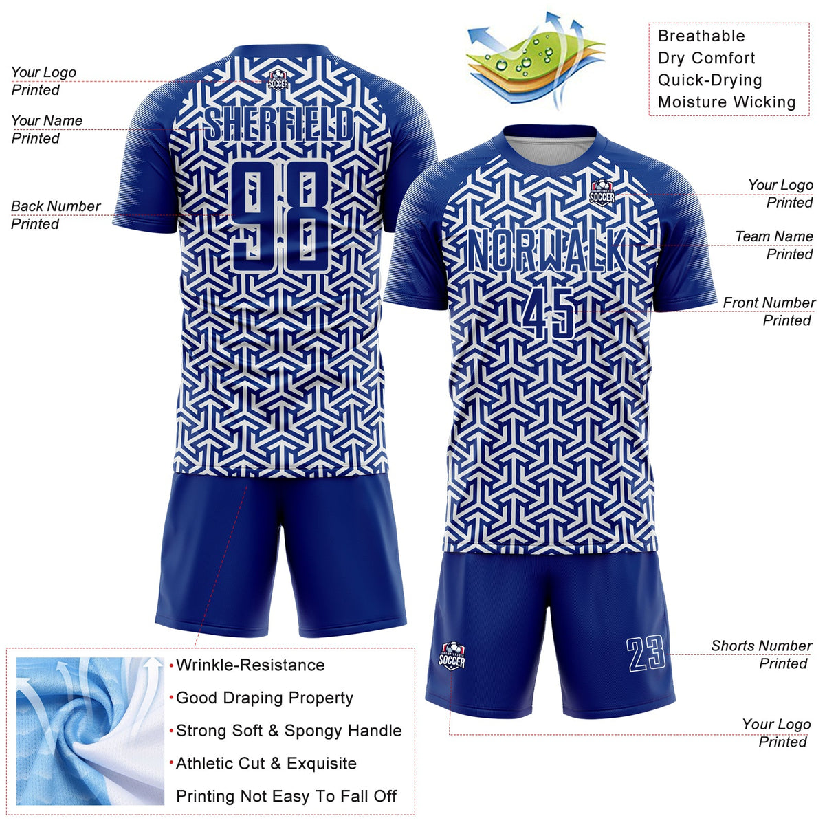 Custom Royal White Geometric Arrow Sublimation Soccer Uniform Jersey Limited