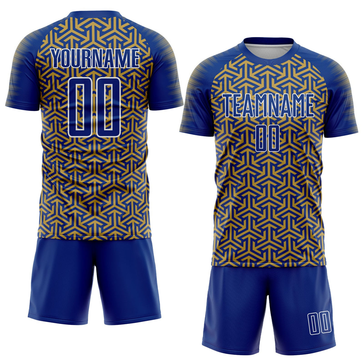 Custom Royal Old Gold-White Geometric Arrow Sublimation Soccer Uniform Jersey Limited