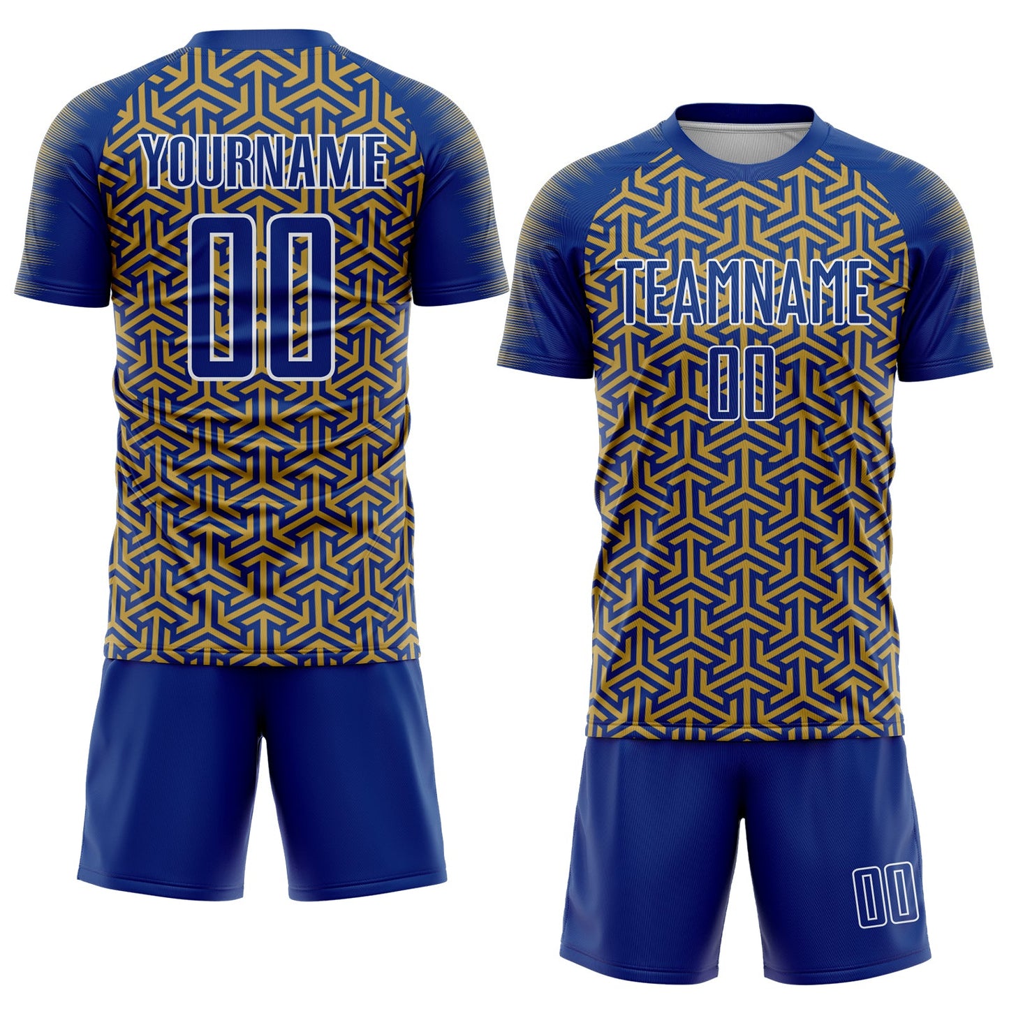 Custom Royal Old Gold-White Geometric Arrow Sublimation Soccer Uniform Jersey Limited