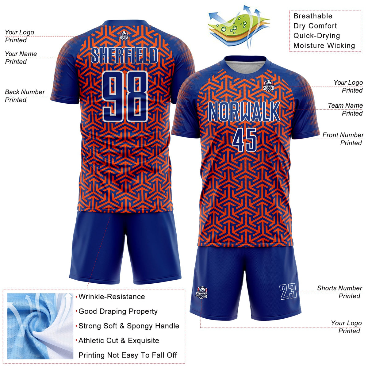 Custom Royal Orange-White Geometric Arrow Sublimation Soccer Uniform Jersey Limited