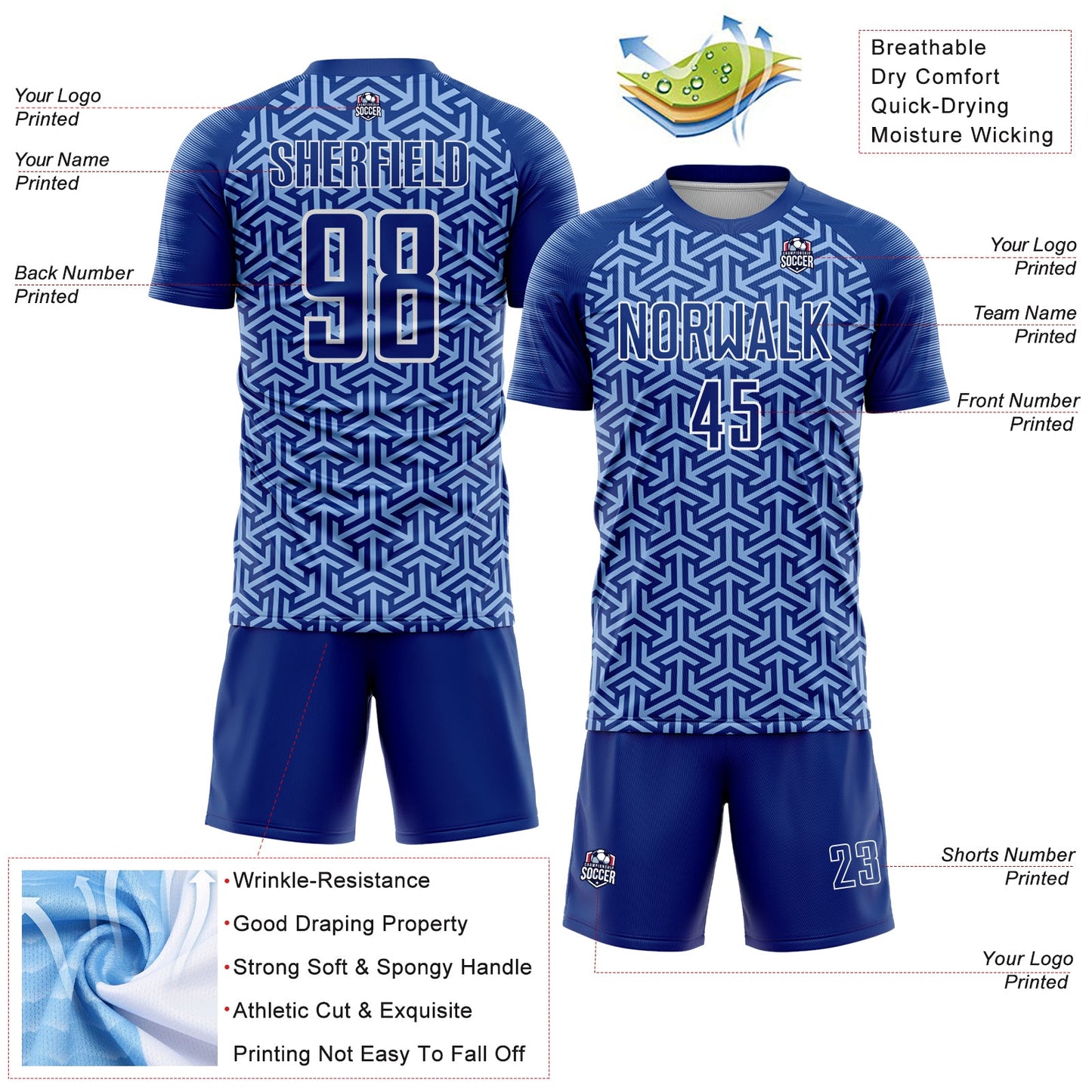 Custom Royal Light Blue-White Geometric Arrow Sublimation Soccer Uniform Jersey Limited