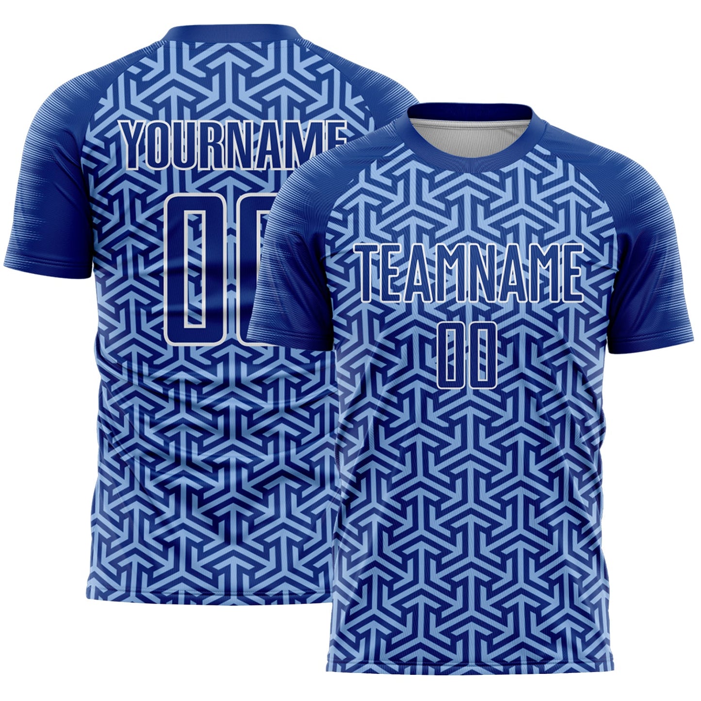 Custom Royal Light Blue-White Geometric Arrow Sublimation Soccer Uniform Jersey