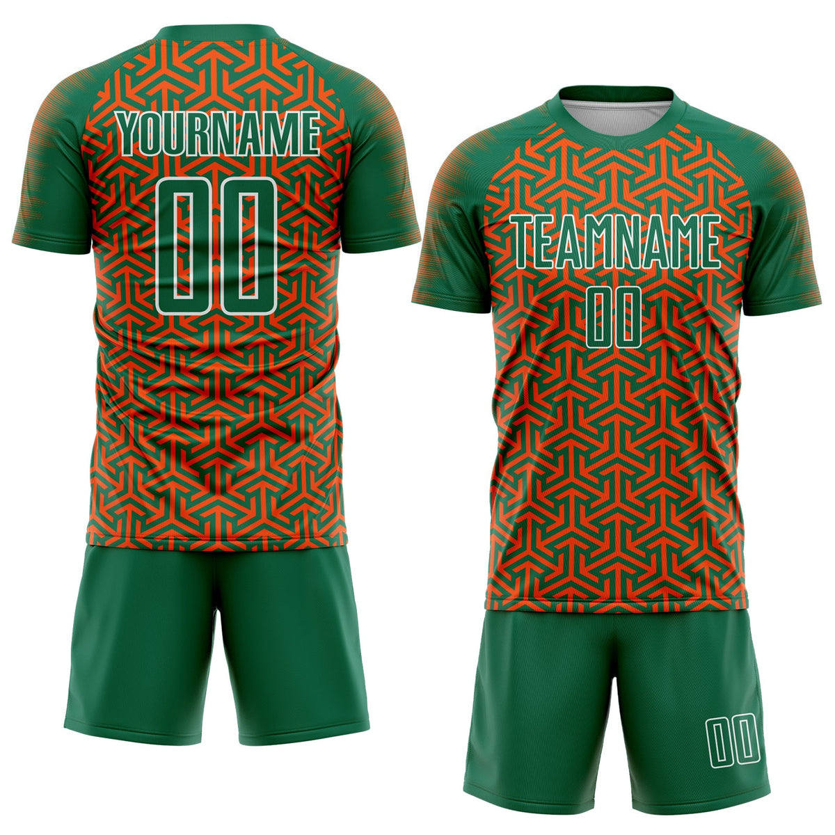 Custom Kelly Green Orange-White Geometric Arrow Sublimation Soccer Uniform Jersey Limited