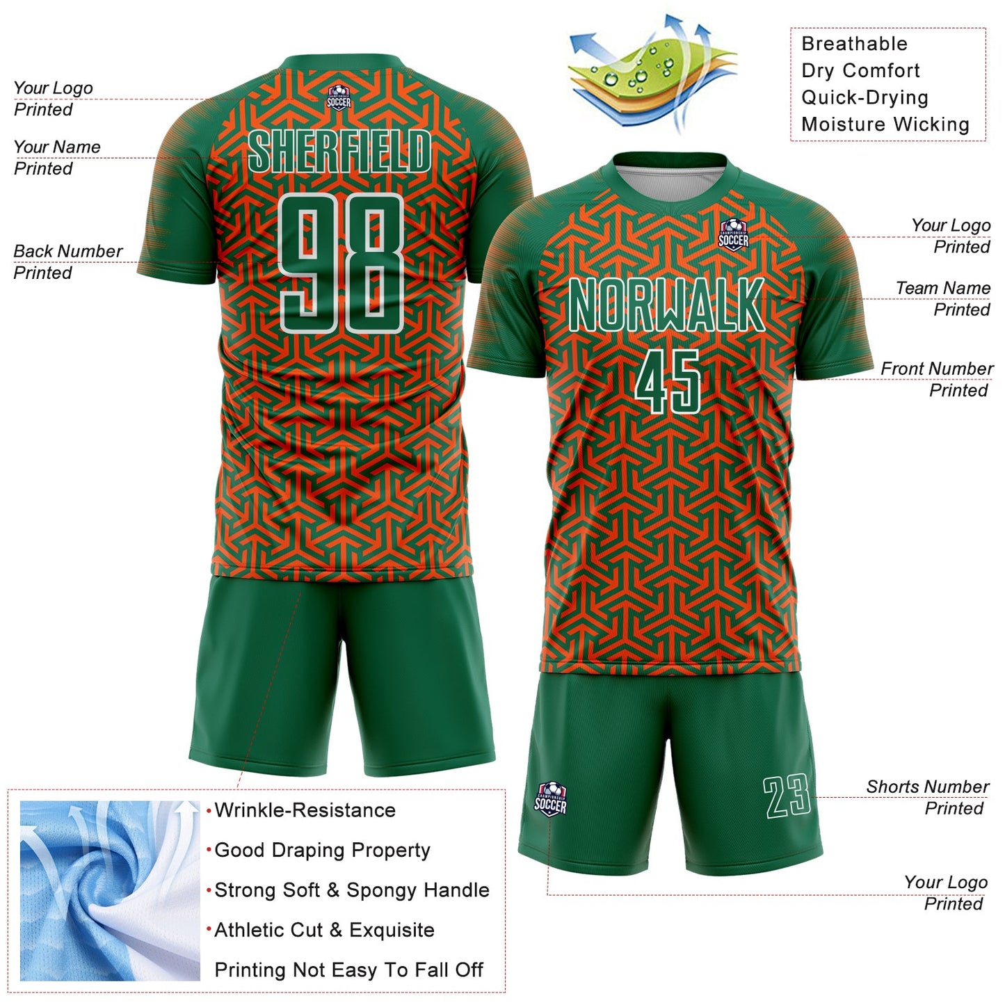 Custom Kelly Green Orange-White Geometric Arrow Sublimation Soccer Uniform Jersey Limited