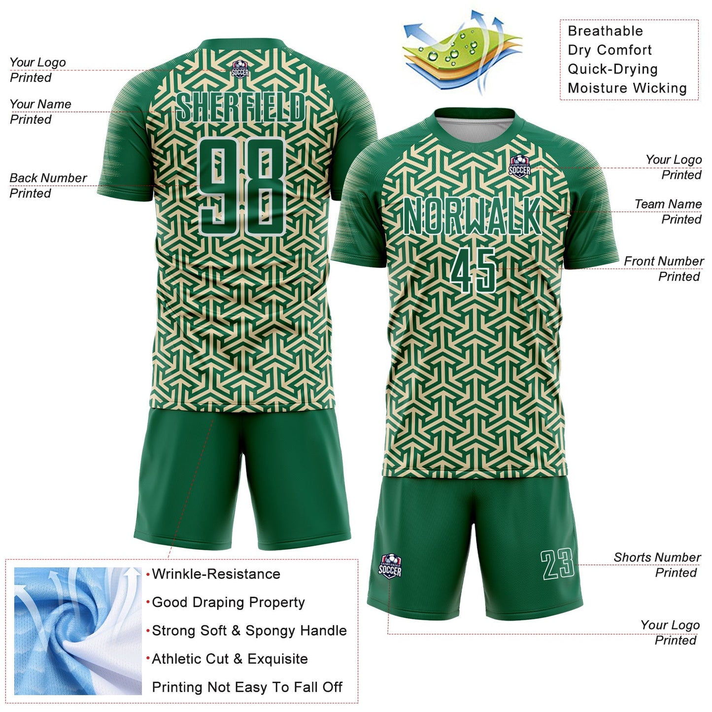 Custom Kelly Green Cream-White Geometric Arrow Sublimation Soccer Uniform Jersey Limited