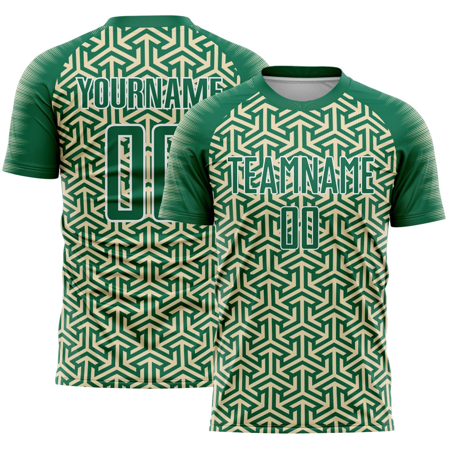 Custom Kelly Green Cream-White Geometric Arrow Sublimation Soccer Uniform Jersey