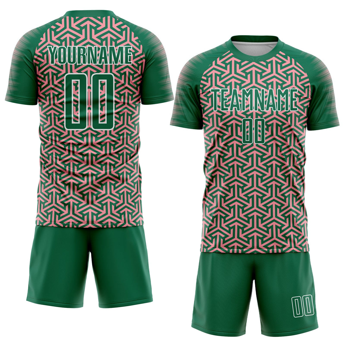Custom Kelly Green Medium Pink-White Geometric Arrow Sublimation Soccer Uniform Jersey Limited