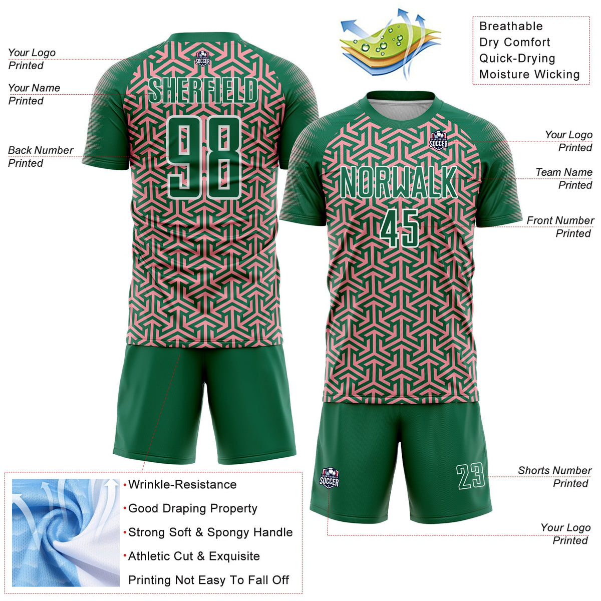 Custom Kelly Green Medium Pink-White Geometric Arrow Sublimation Soccer Uniform Jersey Limited