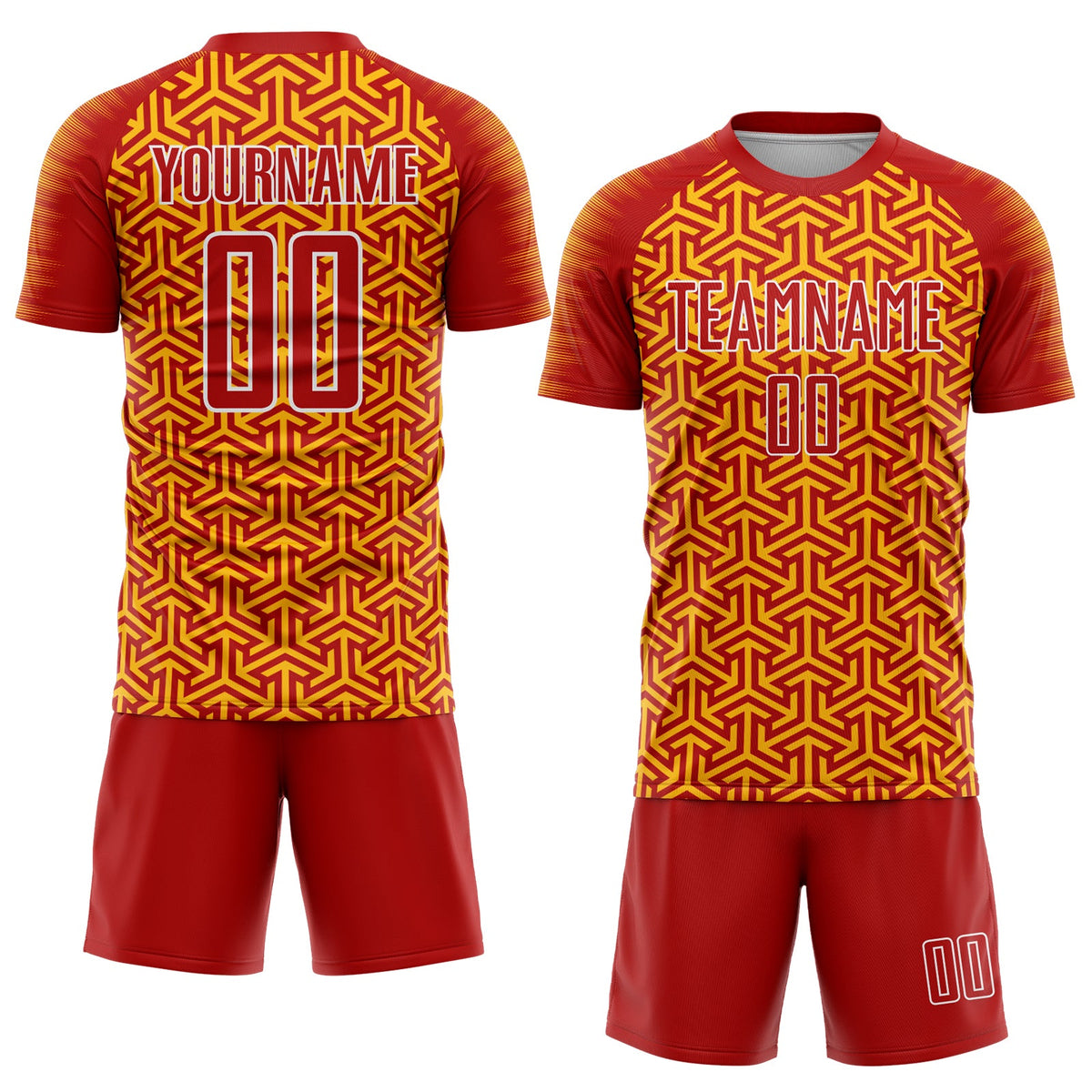 Custom Red Gold-White Geometric Arrow Sublimation Soccer Uniform Jersey Limited