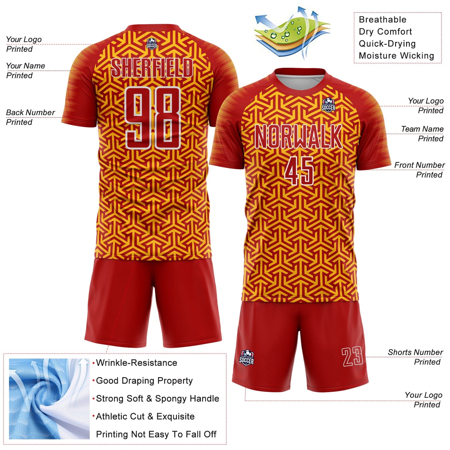 Custom Red Gold-White Geometric Arrow Sublimation Soccer Uniform Jersey Limited