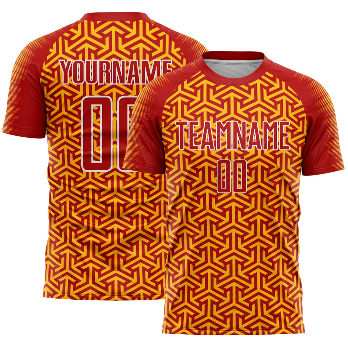 Custom Red Gold-White Geometric Arrow Sublimation Soccer Uniform Jersey
