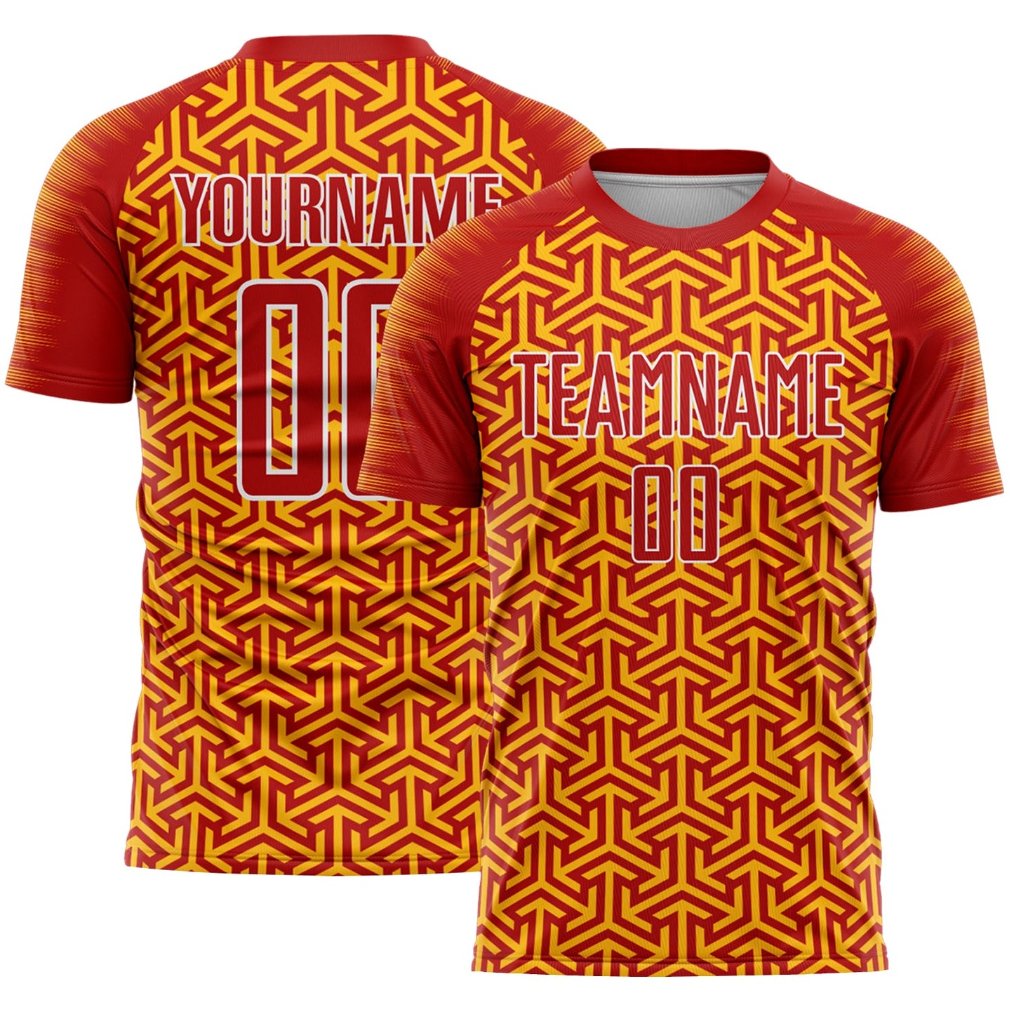 Custom Red Gold-White Geometric Arrow Sublimation Soccer Uniform Jersey