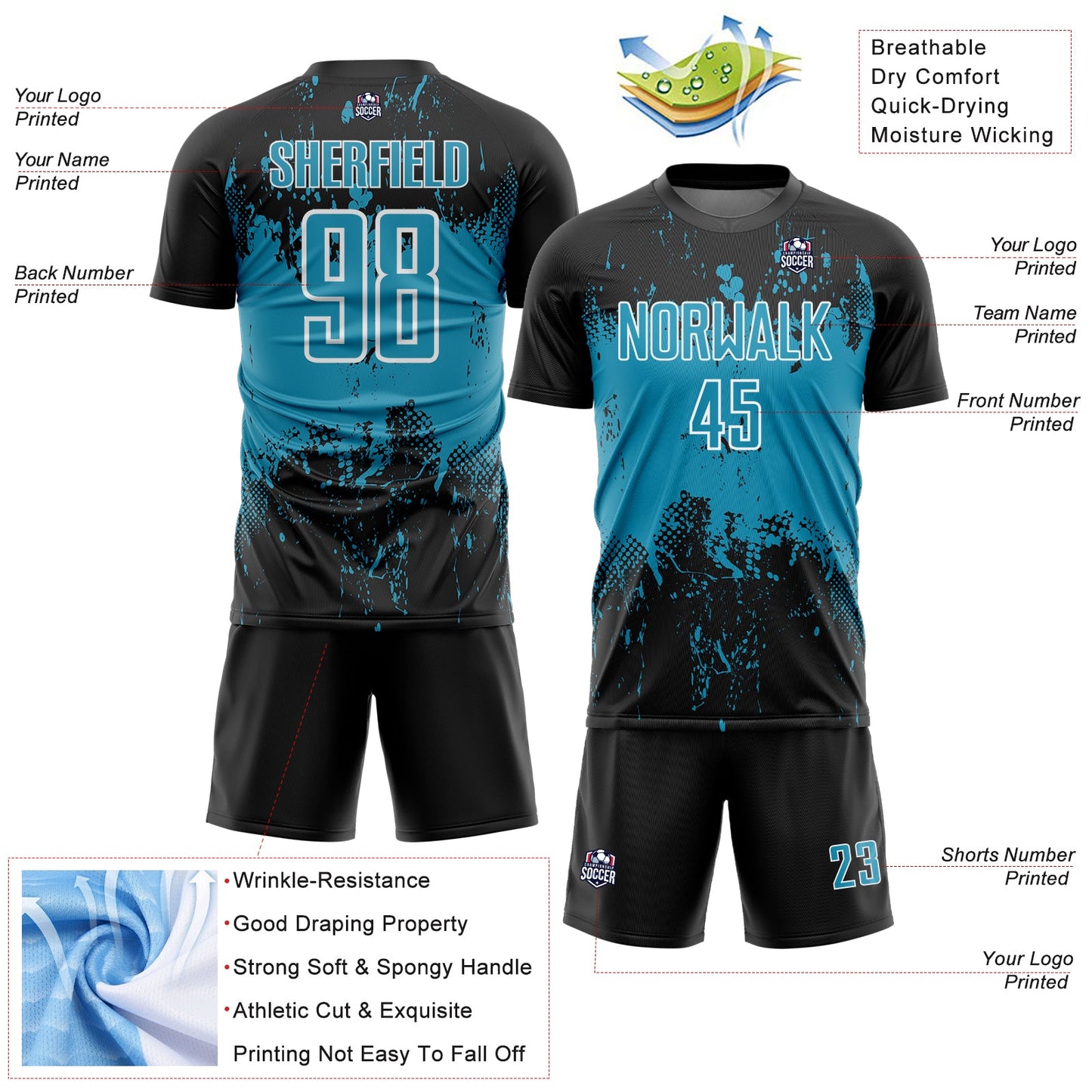 Custom Black Panther Blue-White Abstract Splatter Grunge Art Sports Sublimation Soccer Uniform Jersey Limited