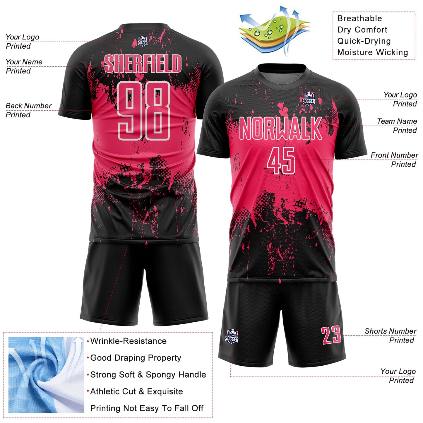 Custom Black Neon Pink-White Abstract Splatter Grunge Art Sports Sublimation Soccer Uniform Jersey Limited