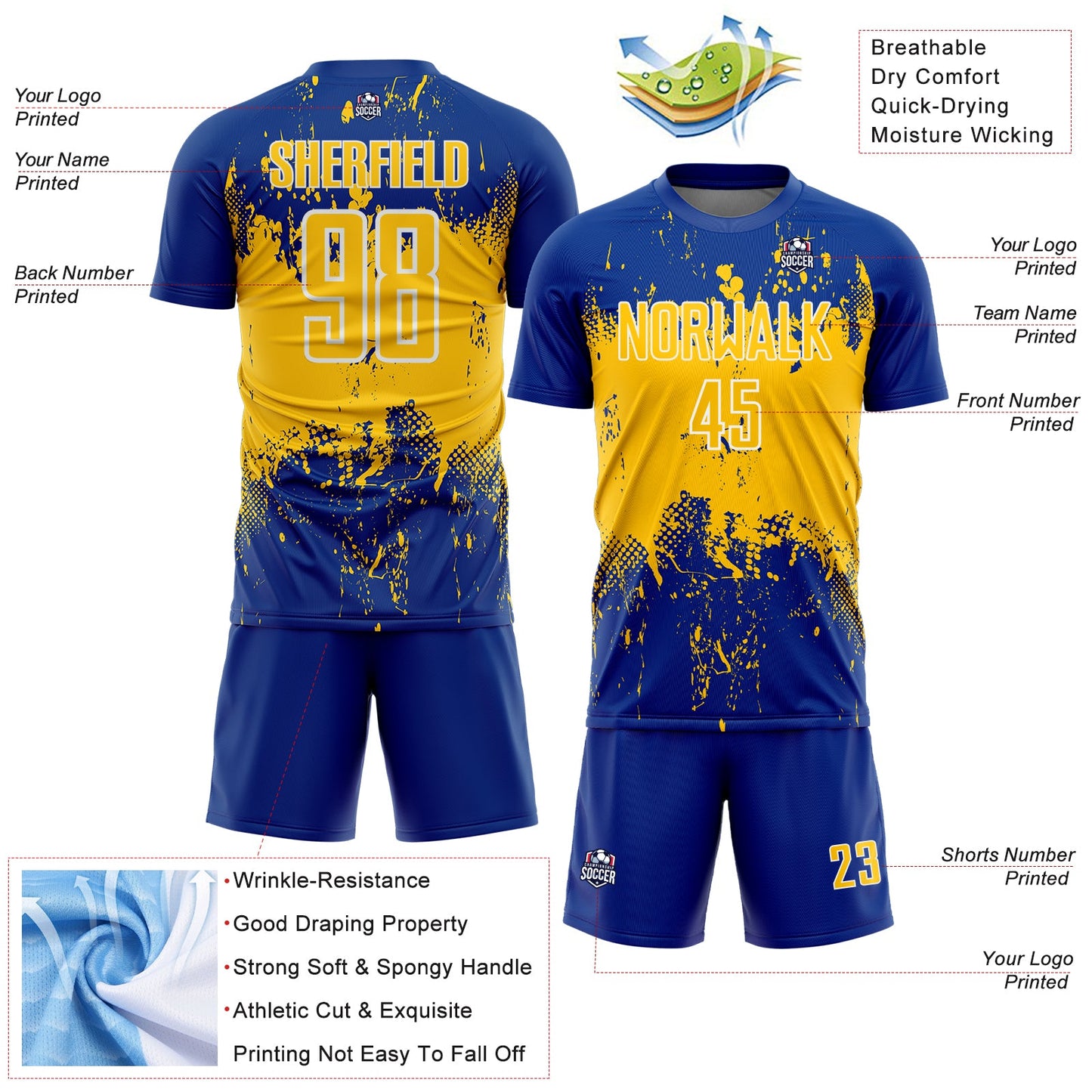 Custom Royal Yellow-White Abstract Splatter Grunge Art Sports Sublimation Soccer Uniform Jersey Limited