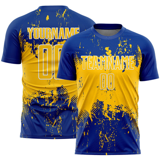 Custom Royal Yellow-White Abstract Splatter Grunge Art Sports Sublimation Soccer Uniform Jersey