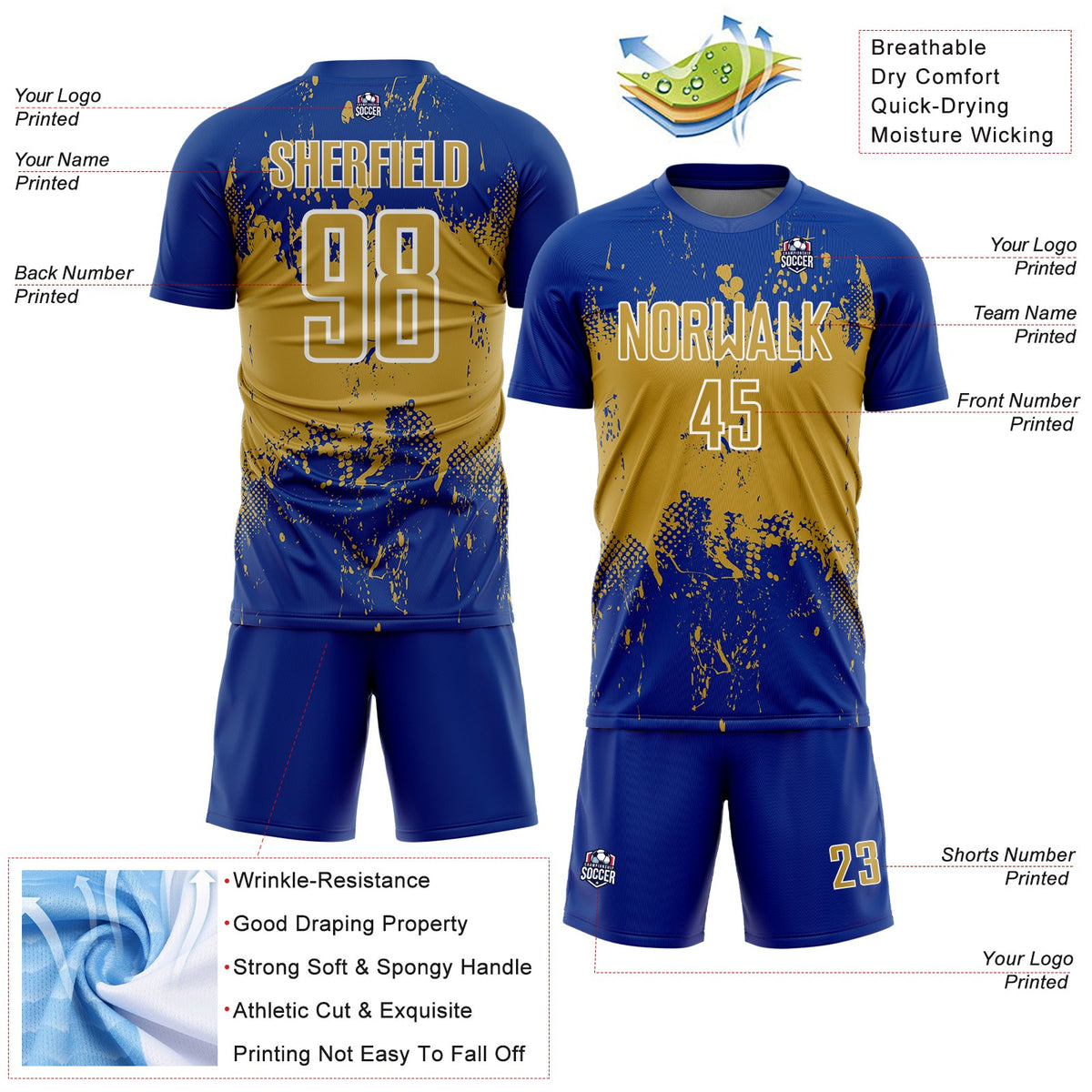 Custom Royal Old Gold-White Abstract Splatter Grunge Art Sports Sublimation Soccer Uniform Jersey Limited