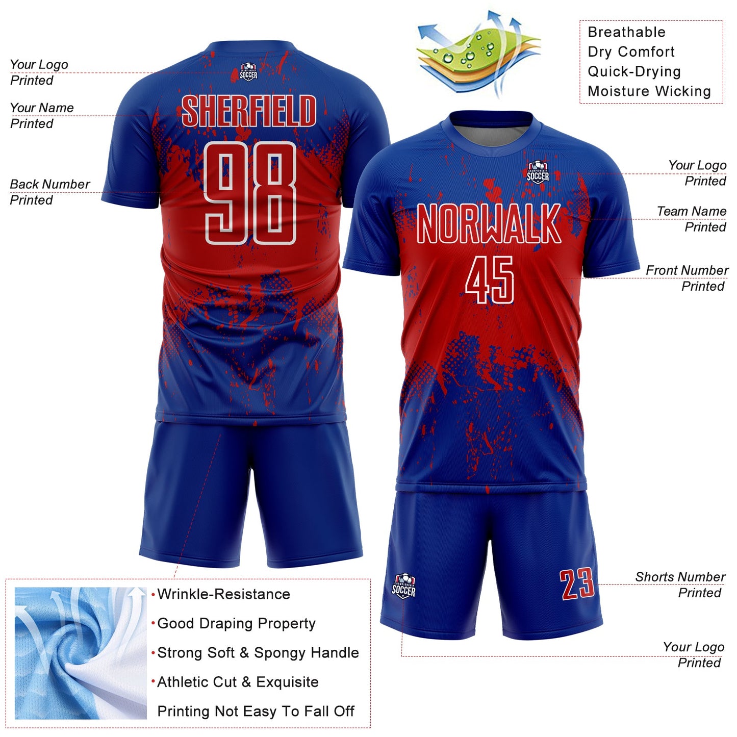 Custom Royal Red-White Abstract Splatter Grunge Art Sports Sublimation Soccer Uniform Jersey Limited