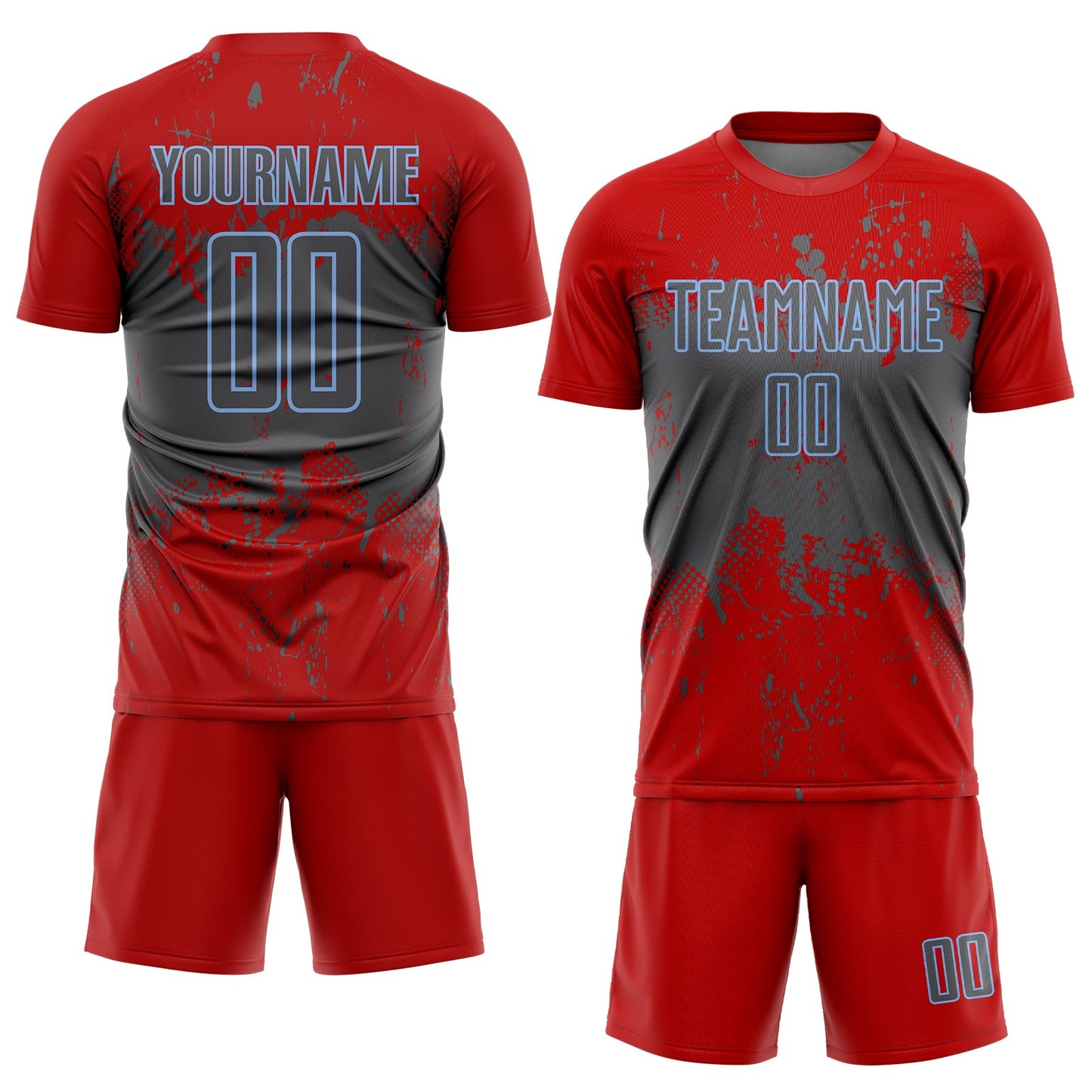 Custom Red Steel Gray-Light Blue Abstract Splatter Grunge Art Sports Sublimation Soccer Uniform Jersey Limited