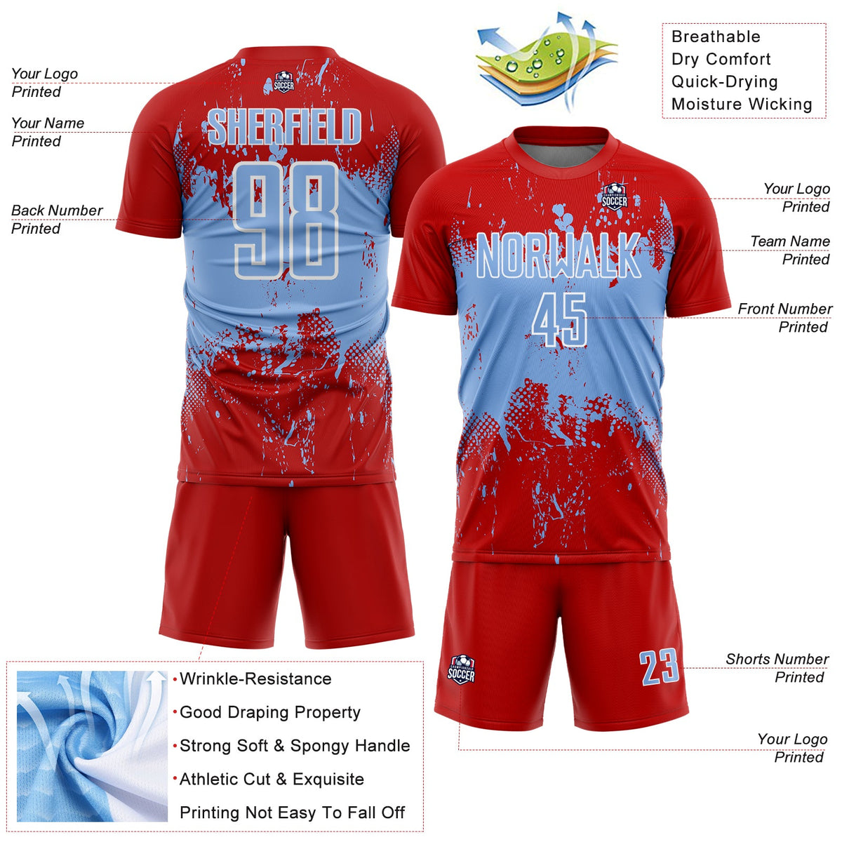 Custom Red Light Blue-White Abstract Splatter Grunge Art Sports Sublimation Soccer Uniform Jersey Limited