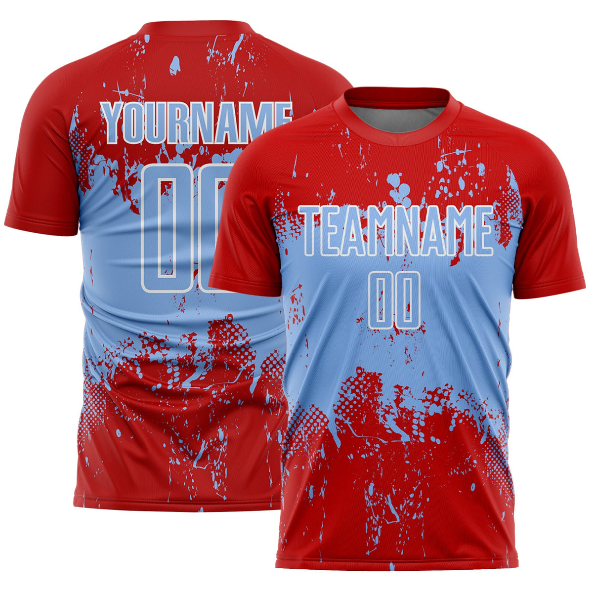 Custom Red Light Blue-White Abstract Splatter Grunge Art Sports Sublimation Soccer Uniform Jersey