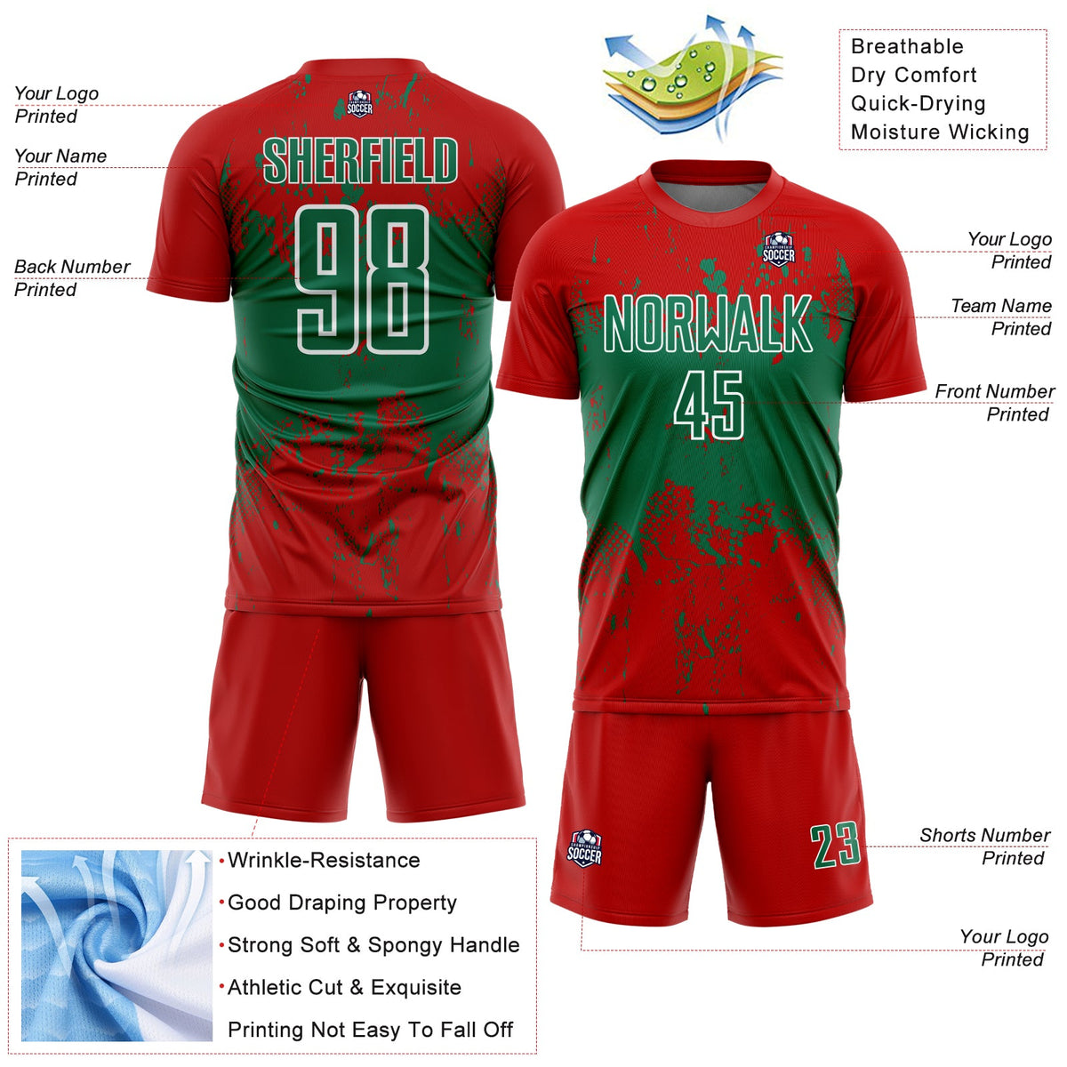 Custom Red Kelly Green-White Abstract Splatter Grunge Art Sports Sublimation Soccer Uniform Jersey Limited